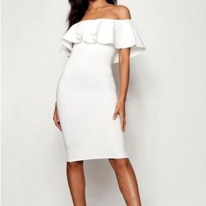 White off shoulder frill short sleeve midi dress